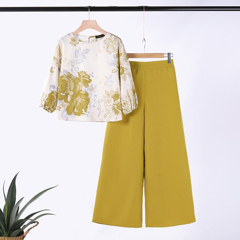 

ZANZEA Цветочная блузка и широкие брюки, повседневный комплект из двух предметов 3XL жёлтый