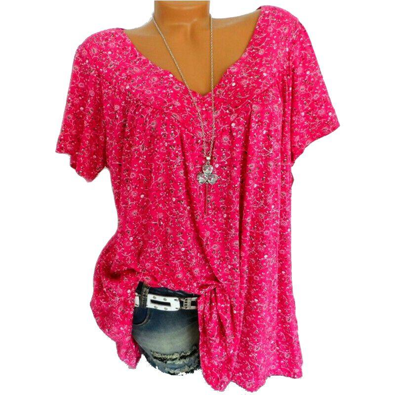 Women V Neck Floral Tee Tshirts Short Sleeve Blouse Summer Tunic Tops Plus Size