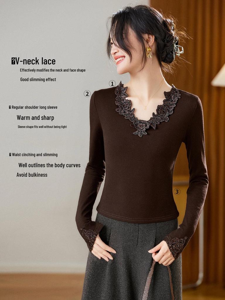 Dámské bavlněné tričko s V-výstřihem a dlouhým rukávem z francouzské krajky - Slim Fit pro jaro/podzim 2026