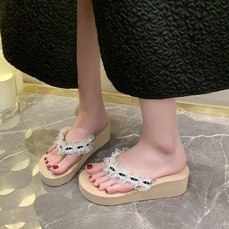 High fashion fairy sweet slippers travel beach sandals slope with flip-flops girl 2025 summer new