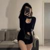 Wear a Black Dress In Early Autumn, Women's Autumn and Winter Long-sleeved V-neck Hip Skirt, Coat with Skirt, Slim-fitting Short Skirt