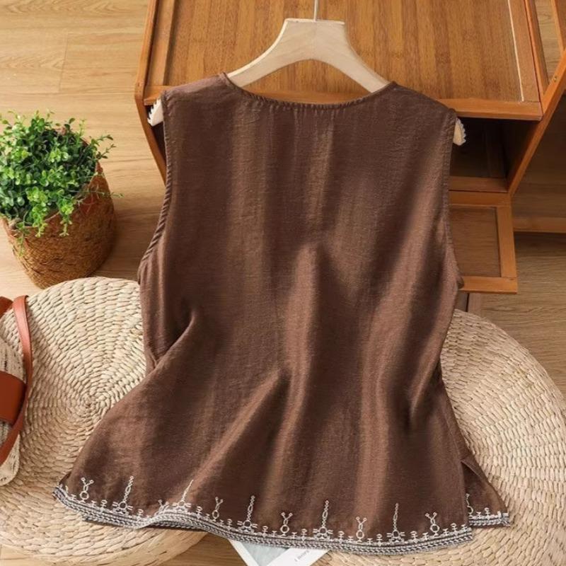 Women White Linen Blend Notch Neck Sleeveless Tank Top Hem Ethnic Embroidery Loose Casual Vest