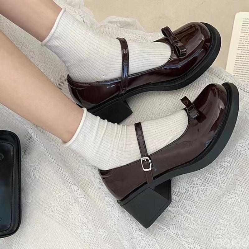 

Fashion 2025 French Mary Jane high heels New Bow leather shoes Round toe British style Women s Shoes Fashion comfortable buckle pumps 35 коричневий