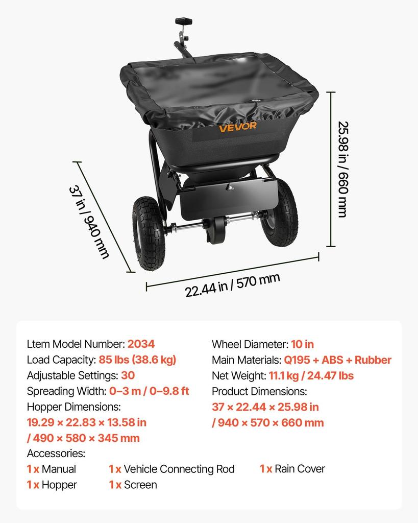 Tow Behind Lawn Spreader, 3m Spreading Width, Garden & Lawn Spreader with Universal Hitch, 38.6kg Capacity & 10 in All-Terrain Tires, Seed Fertilizer