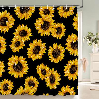 Cortinas de Ducha Estampadas con Flores 3D, Girasol, Hojas de Planta, Cortina de Baño de Tela de Poliéster Impermeable, Pantalla para Bañera con 12 Ganchos