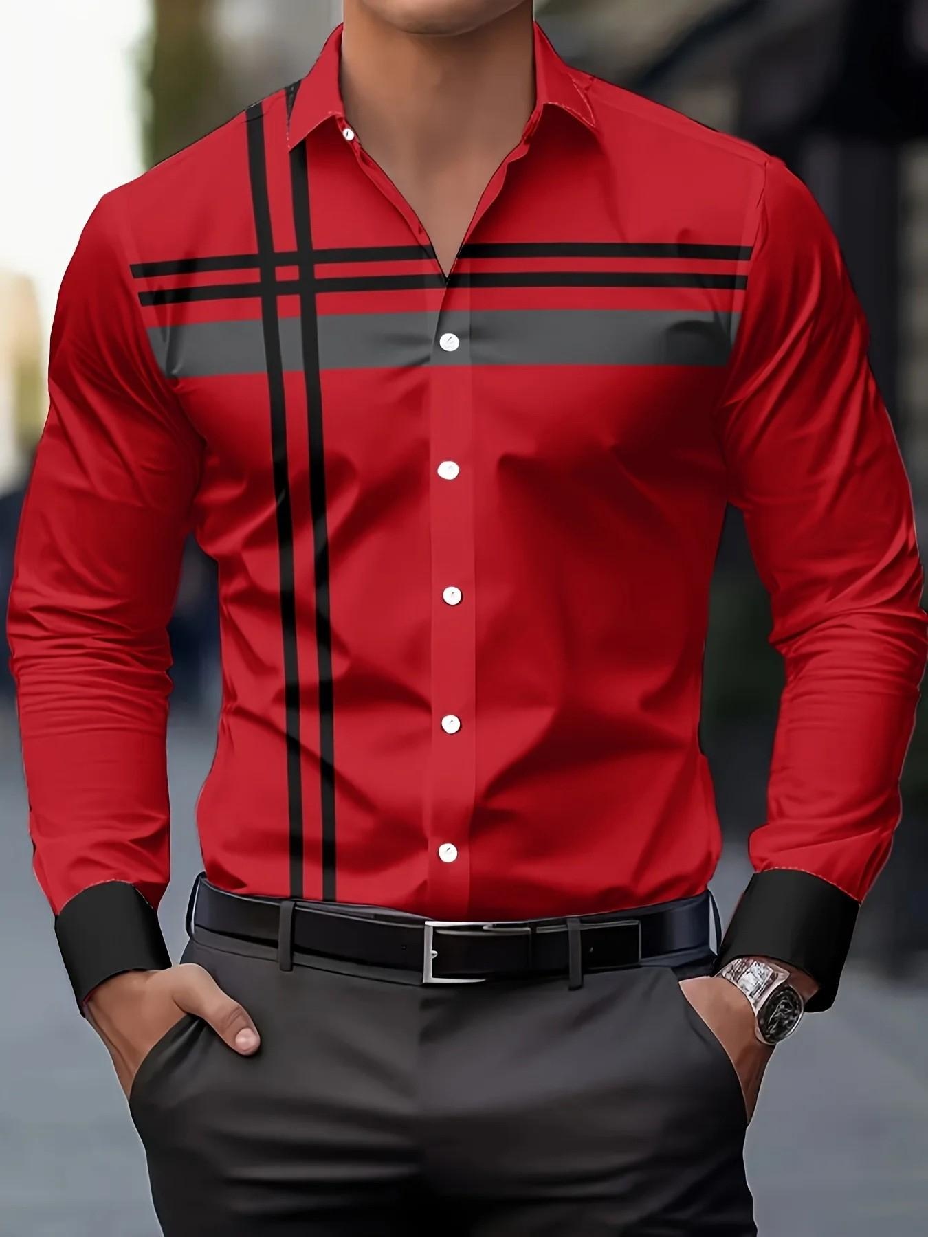 Spring and Autumn Long Shirt Minimalist Geometric Collision Line Printed Slimming Shirt for Men s Daily Versatile Long Sleeve Top S