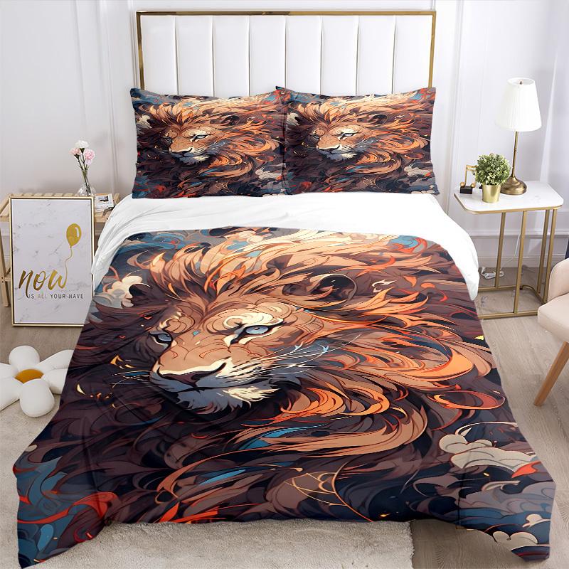 3pcs Lion Print Duvet Cover Set, Cover For Bedroom Guest Room (1 Duvet Cover + 2 Pillowcase, Without Quilt),  yy250922233