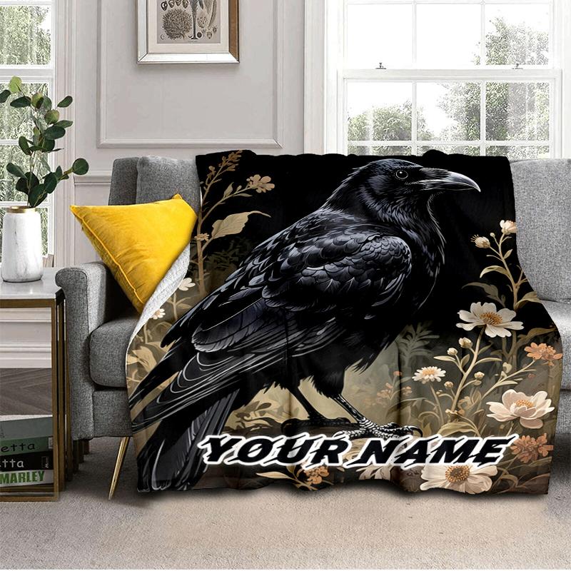 1PC Custom Name Raven Floral Garden Flannel Blanket Versatile,all-season Throw Suitable for the Living Room,bedroom,camping,travel,and Gift
