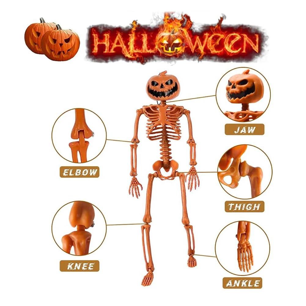 Halloween Full Life Size Skeleton Pumpkin Head Hanging Poseable Movable Fake Human Skull Bones Haunted House Party Decoration