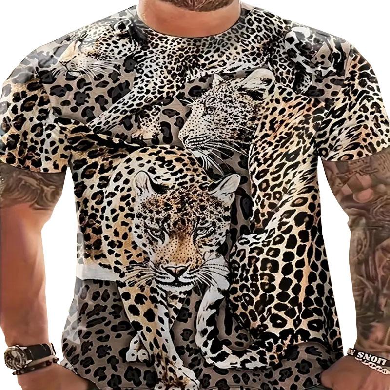 Fierce Leopard Print Men's Comfortable Polyester Fiber Short Sleeved T-shirt for Summer Outdoor Activities and Sports Wear