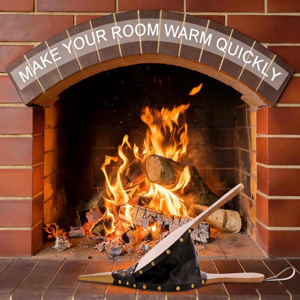 Manual Wooden Handicraft Fireplace Blower Hand Fan Leather for Fireplaces BBQ and Camping, Bellow with Hanging Leather Strap