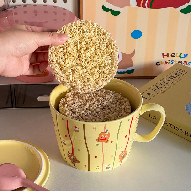 Cream Wind Cartoon Bear Student Instant Noodle Cup Household Instant Noodle Bowl with Cover Dormitory Instant Noodle Bowl Personal