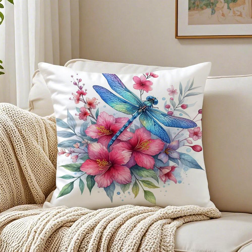 Watercolor Dragonfly And Flower Pillow Case Organic Short Plush Cushion Covers Breathable Washable WrinkleResistant