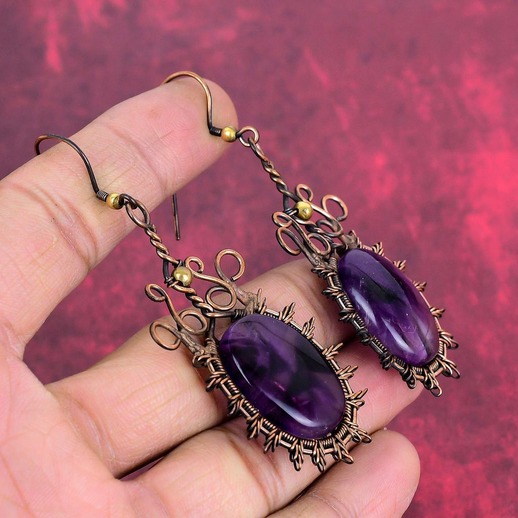 Star amethyst earrings copper wire wrapped earring handmade earring gemstone copper jewelry unique earring gift for mom wire weaving jewelry