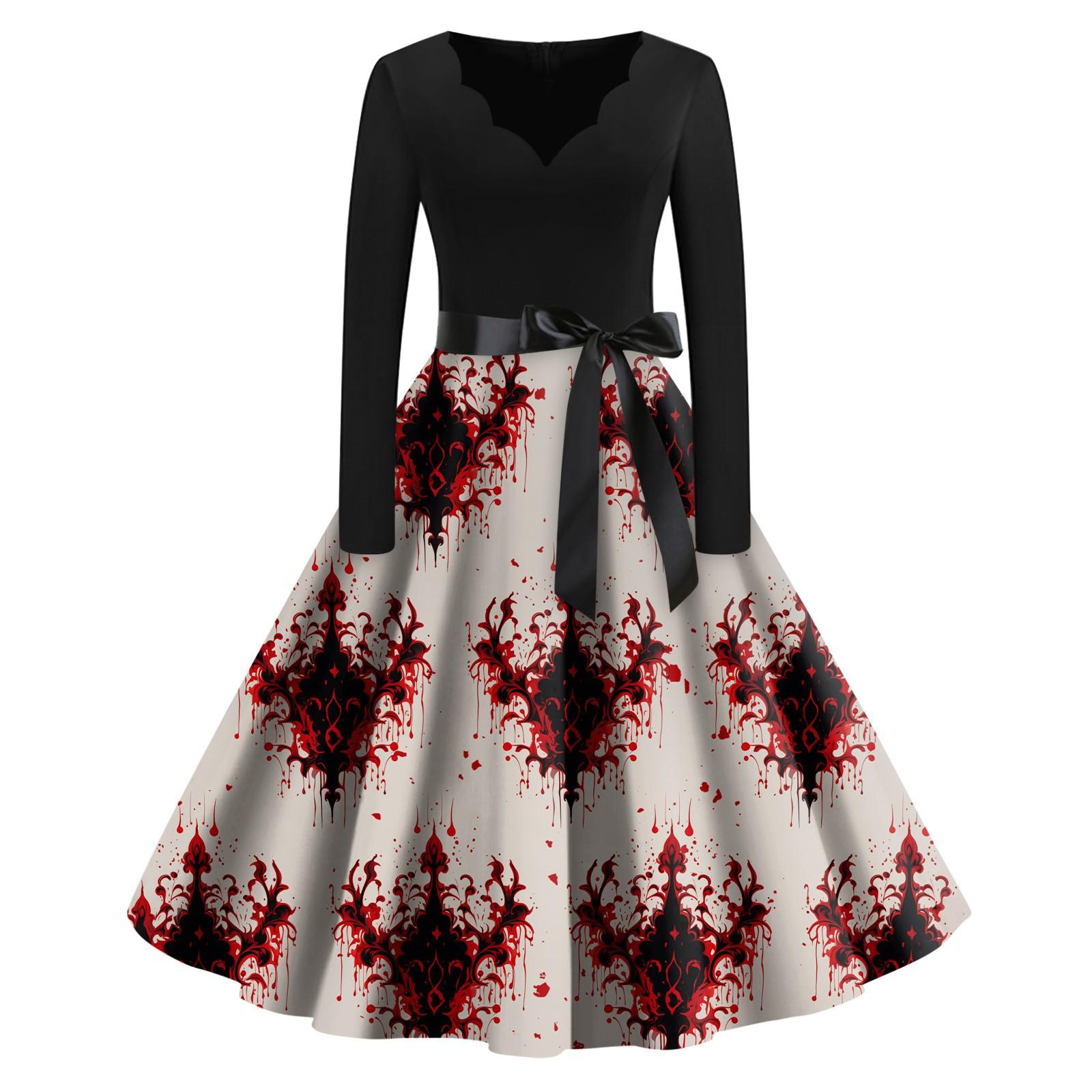 

Женское винтажное классическое платье с вырезом на талии и галстуком-бабочкой с длинными рукавами на Хэллоуин с принтом и V-образным вырезом, свободное платье XXL