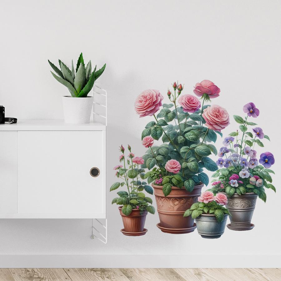 Fresh Realistic Potted Rose and Morning Glory Wall Stickers, Self-Adhesive Decor for Bedroom Balcony Laundry Room Decoration