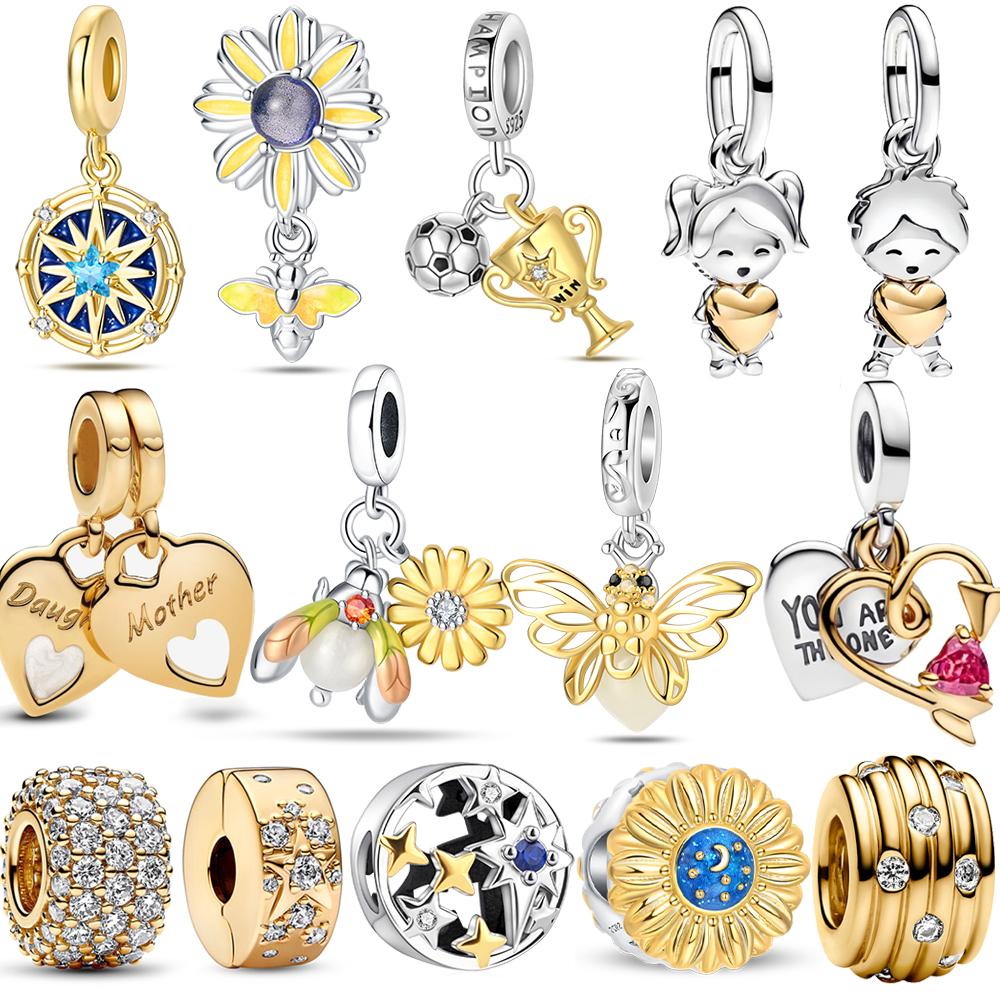 Luxury Copper Double Golden Heart Split Charm Fit Original Bracelet Cute Boy Girl Pendant For Charm Fine Jewelry