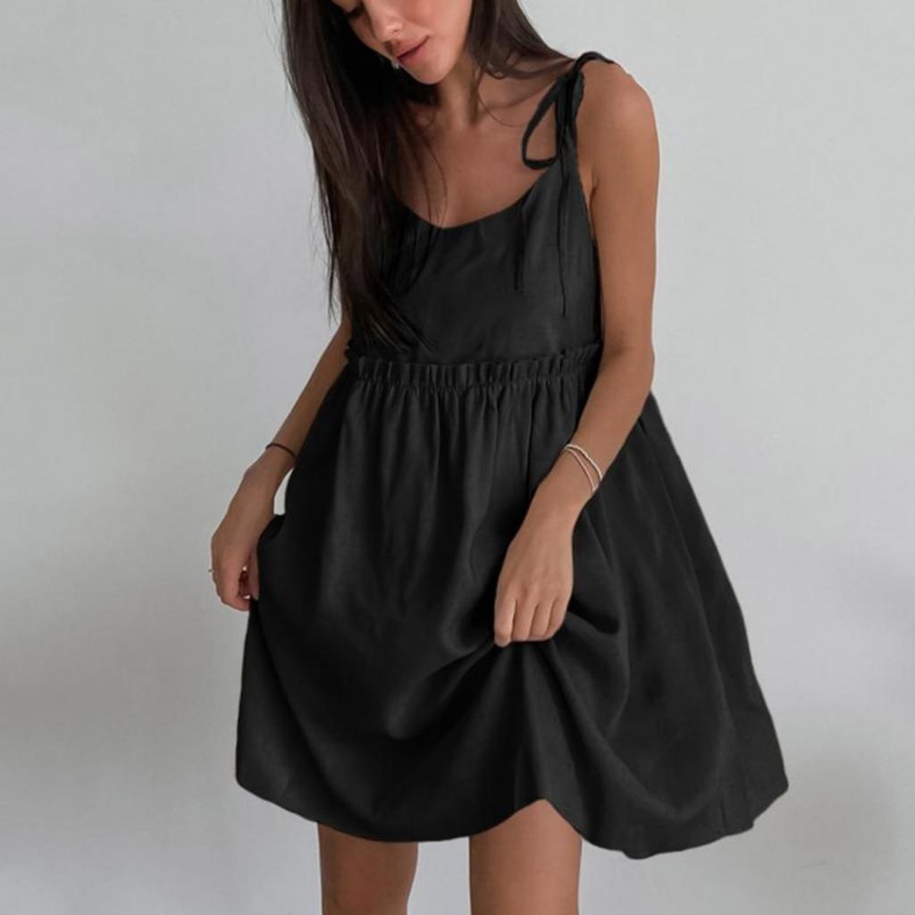 Sommer Leinenkleid Damen Elegant Spaghettiträger A-Linie Lockere Kleider Mode Raffiniert Schnürung Sexy Minikleider