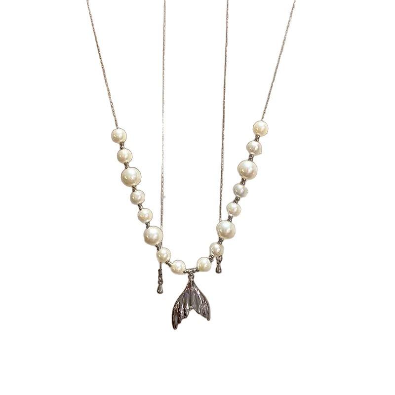 French Temperament Pearl Fishtail Pull Necklace Women'S Light Luxury Niche High-End Clavicle Chain Neck Chain Accessories Choker