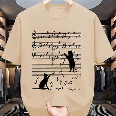Black Cat Silhouette and Musical Notes Stave Graphic Unisex Cotton TShirts Creative Trend Retro Casual Style Tops Camisetas Man