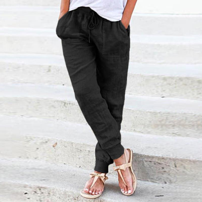 Women's Casual Cotton Hemp Pants Pure Color High Waist Ankle Simple Spring Autumn Female Pocket Pant