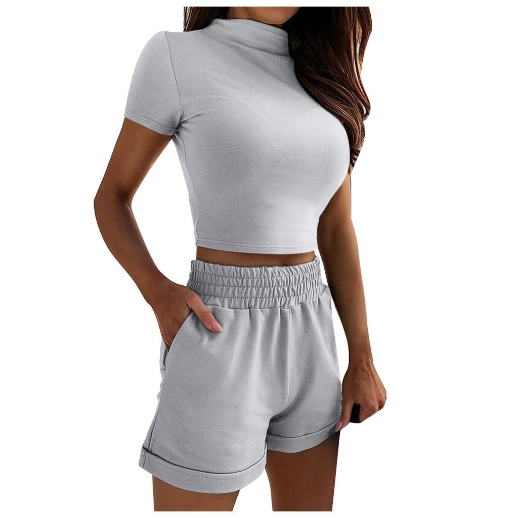 Fashion Womens Sexy Solid  Tracksuit Short Sleeve Tops Sports Shorts Set