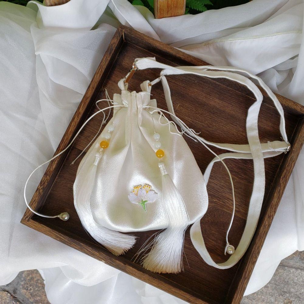 Tassel Hanfu Silk Drawstring Bag Ethnic Style Floral Bucket Bag Embroidery Flower Handbag  Shopping