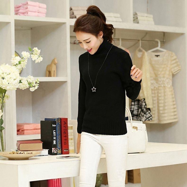 Turtleneck Knitted Sweater for Women Korean - Style Slimming Short Pullover Warm Long - Sleeved Knitted Sweater