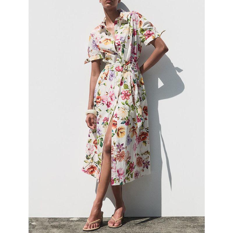 Summer Women's Clothing Bowknot Decoration Print Poplin Short Sleeve Midi Skirt Dress 2944303 2944340