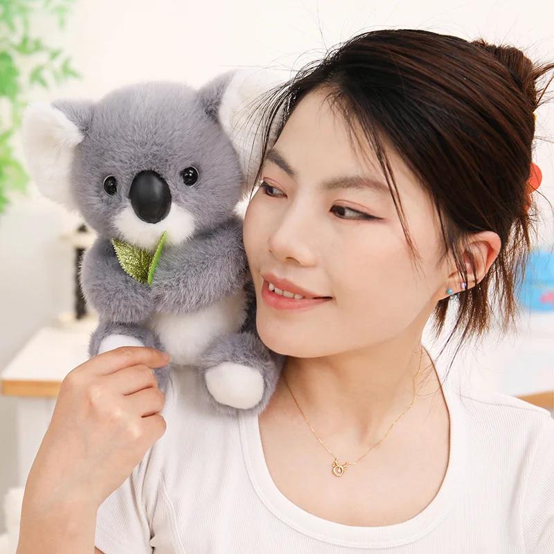 Soft Fluffy Koala Stuffed Animal Cute Gray Plush Doll With Leaf Kawaii Toy For Bedroom Decor Bedside Pillow Birthday Gift