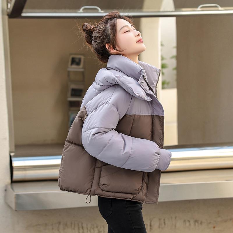 

Color collision lightweight hooded thickened fluffy warm cold loose short section of high-quality fabric casual sports jacket cotton jacket coat XXL темно-коричневого