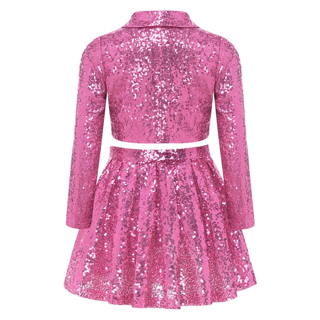 Kinder Mädchen Funkelndes Pailletten Bühnen Set Revers Langarm Ein-Knopf Crop Cardigan Jacke und Faltenrock 2-teiliges Auftritts Outfit