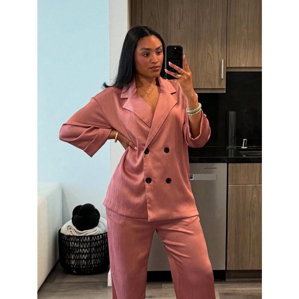 VAYLA Autumn Women Casual Blazer Coat Pants Set Long Sleeve Double Breasted Blazer + Wide Leg Trousers Lady Office Outfit