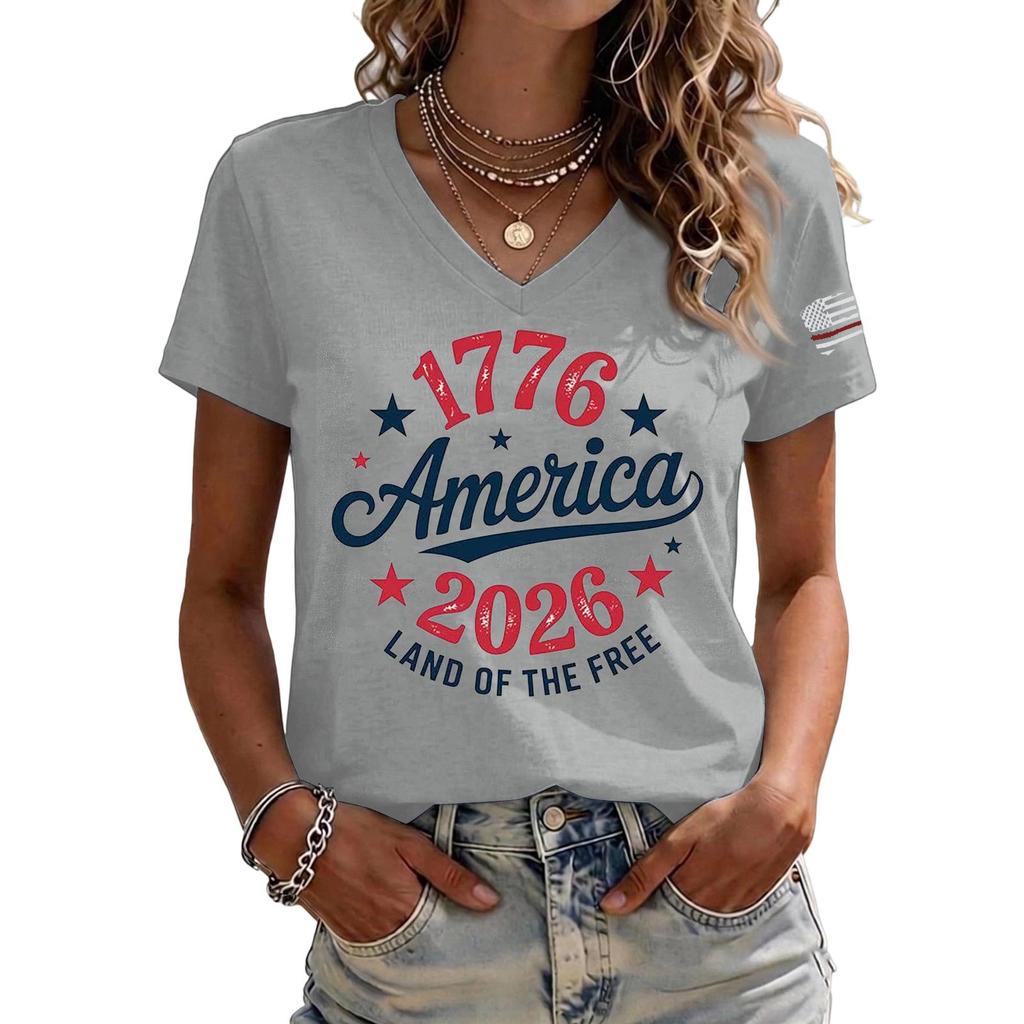 Womens Casual V Neck Short Sleeve Pullover T Shirt 1776 2026 Land of the Free Printed Top Comfortable Loose Fit Tee