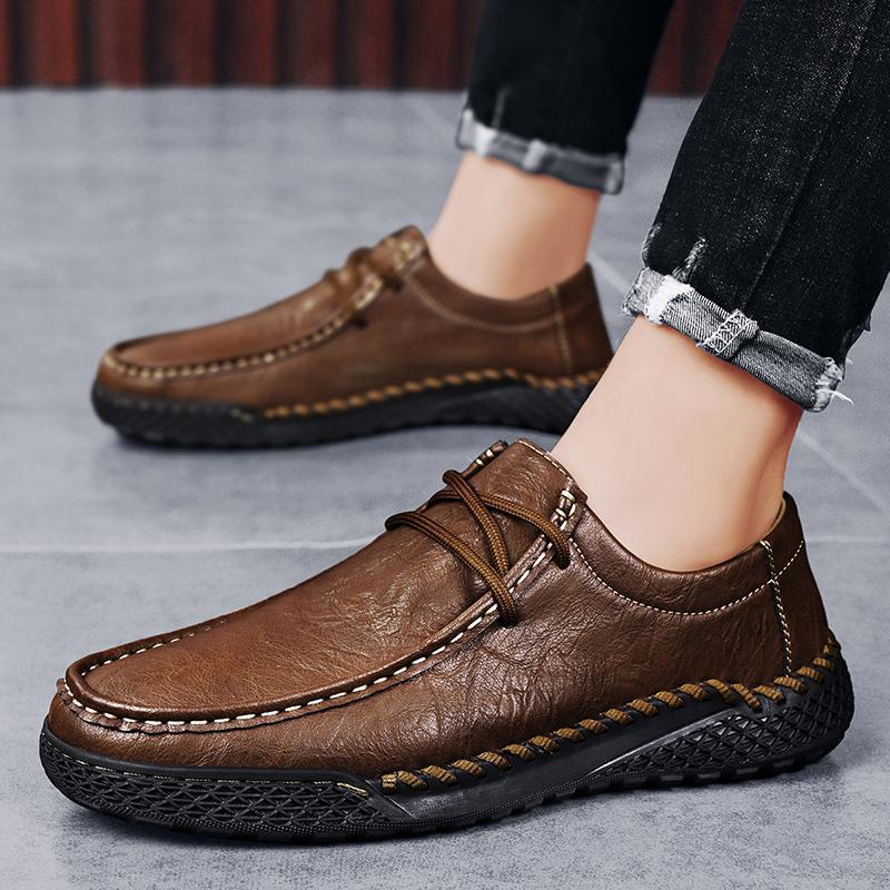 Men's Hand-Stitched Leather Casual Shoes - Four Seasons, Low-Top, Large Size, Outdoor Hiking Style