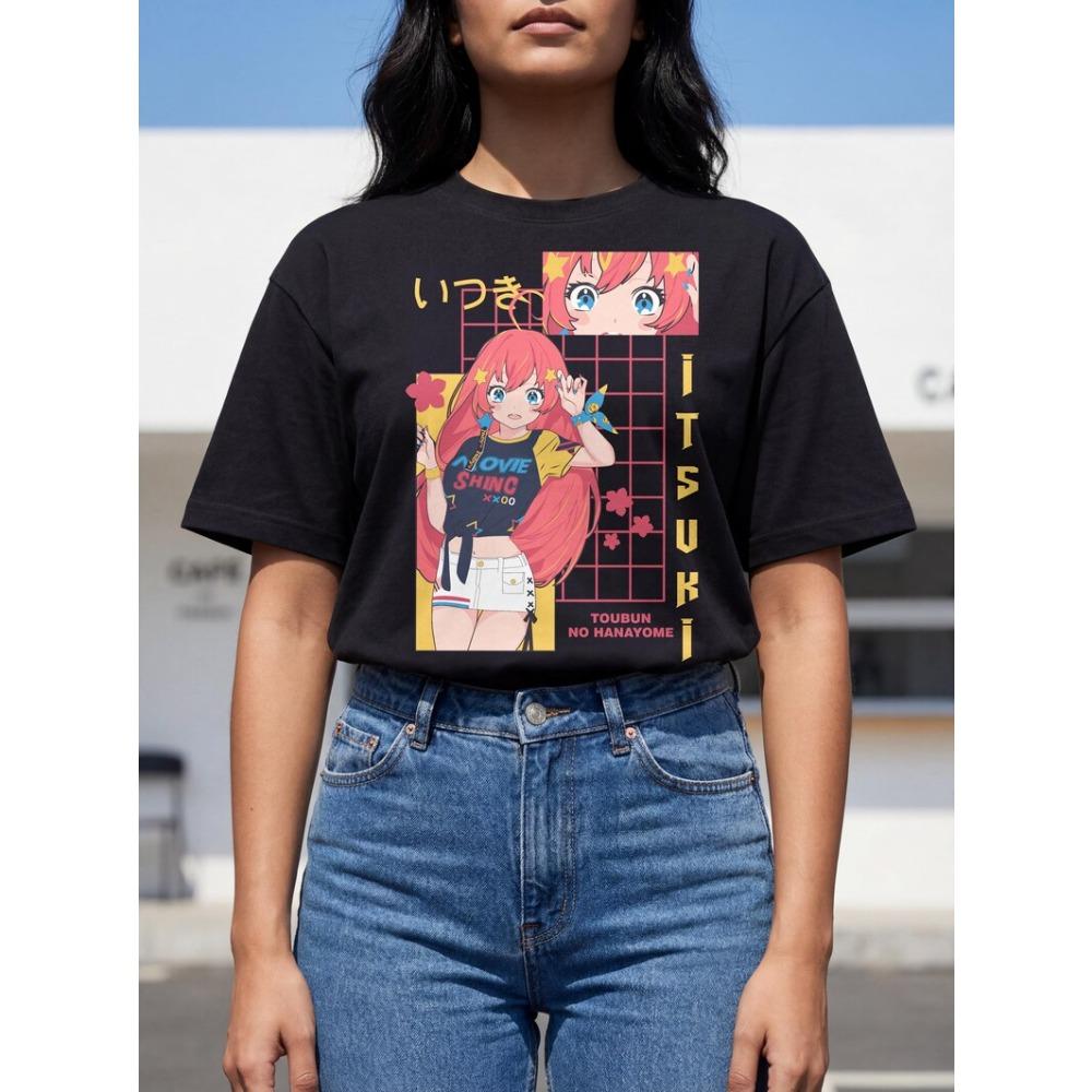 Oversized Black Short-Sleeve T-Shirt Featuring 5-Toubun No Hanayome Nakano Miku Headphones Classic Scene Black-and-White Manga Style Graphic