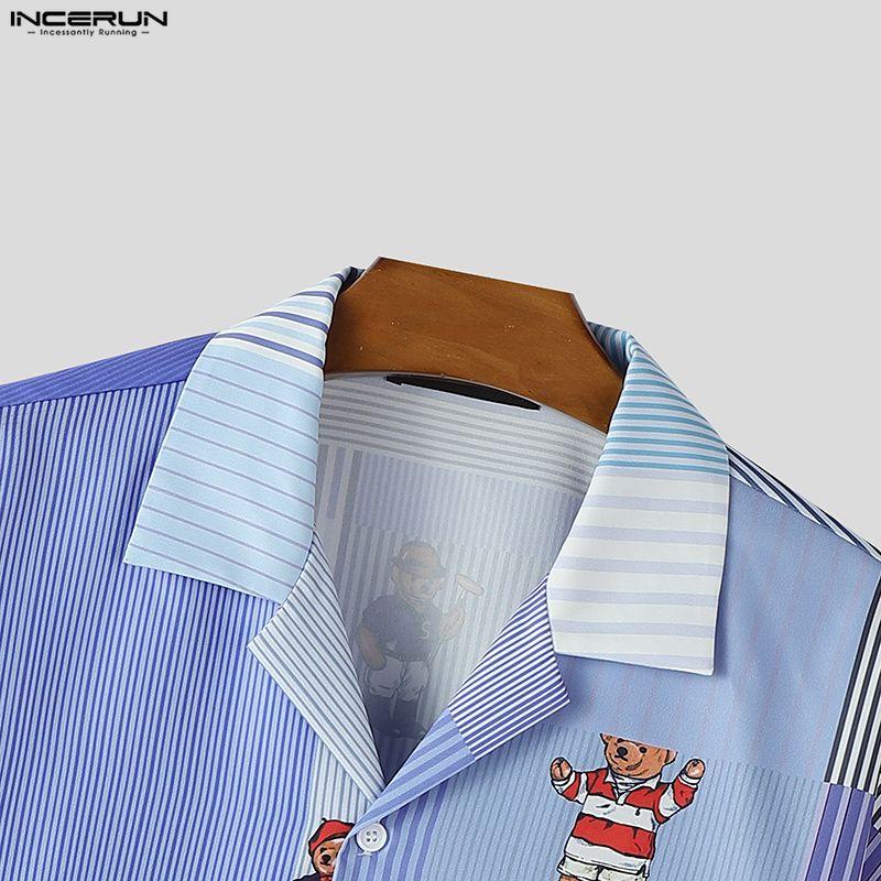 INCERUN Summer Men Lapel Half Sleeve Striped Print Button Up Casual Shirts