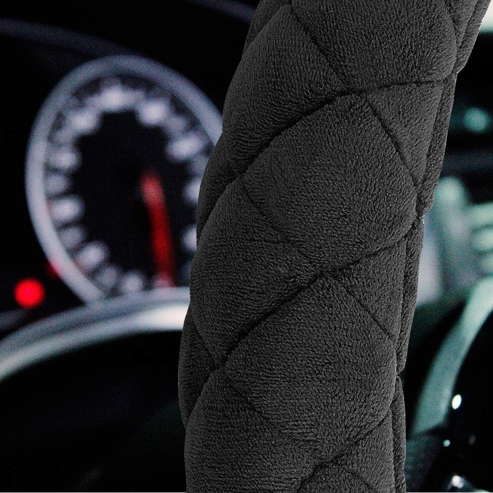 HAOKAY Luxury Fluffy Winter Steering Wheel Cover For Men Women,Soft Warm Short Plush Steering Wheel Cover Black Fuzzy With Universal 14.5-15 Inch