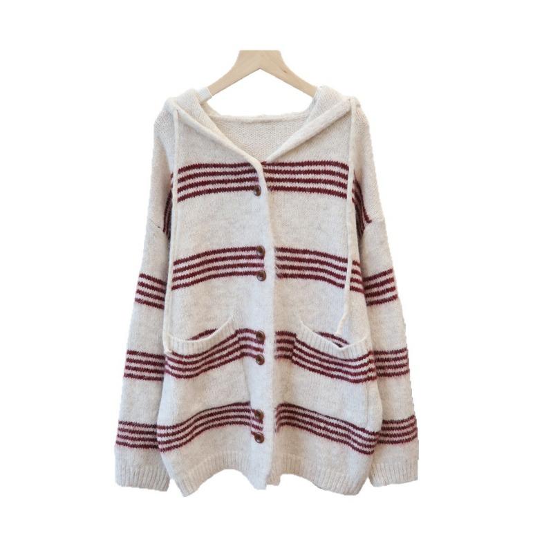 Contrasting striped hooded sweater jacket women's autumn and winter new loose and versatile medium and long knitted cardigan