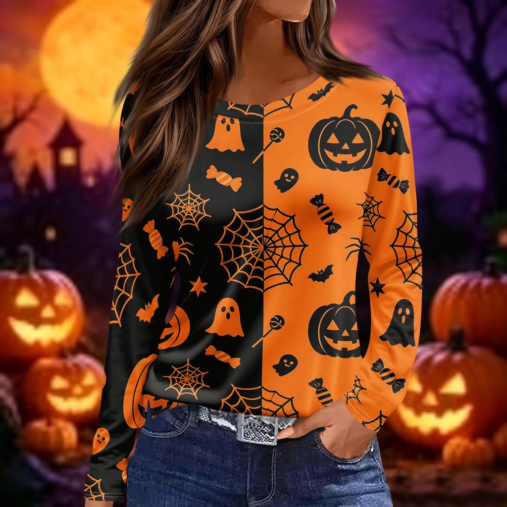 Womens Halloween Print Long Sleeve Top Round Neck Casual Pullover Shirt with Side Slit Hem Lightweight Stretchy Fabric