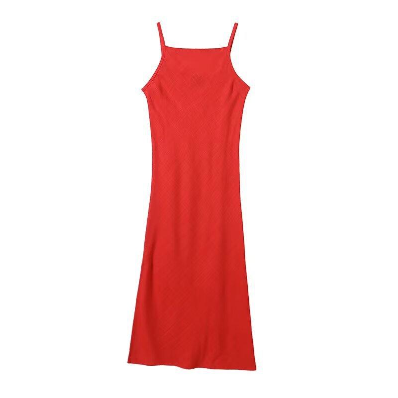European and American style, new women s clothing, foreign style, simple and sexy square neck linen suspender long dress S красный