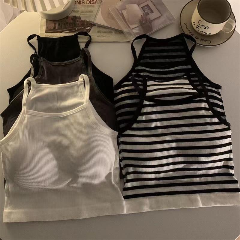 Koreansk Version Kvinder Tanktoppe Tråd Ensfarvet Afslappet Mode Crop Top med Brystpude Stribet Ærmeløs Ydertøj Basis Camisole