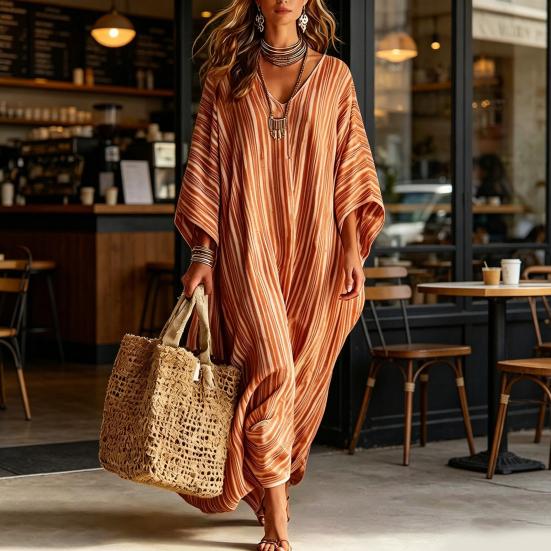 Women's Summer Striped Maxi Dress Loose Fit V-Neck 46085 Sleeve Boho Long Dress Casual