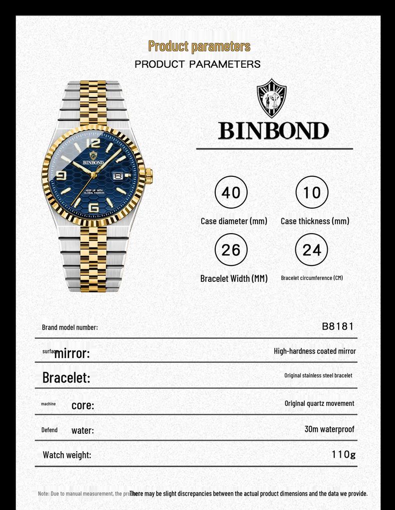 Binbang BINBOND Men's Luminous Waterproof Watch with Calendar and Large Dial