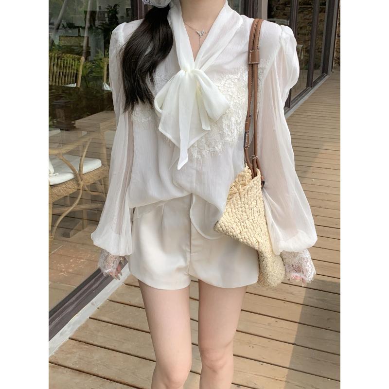 

Шифоновая рубашка для женщин 2025 Осень Дизайн Кружево Свободная Внутренняя Бант Высококачественный Защита от солнца Топ S