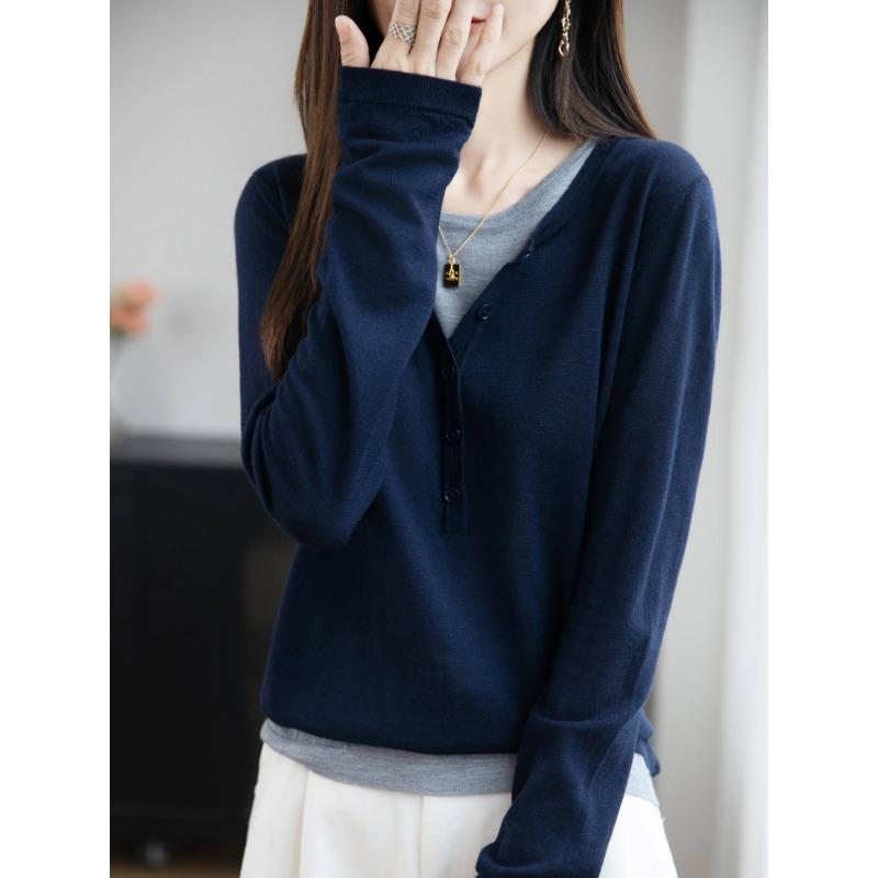 

Осень Зима Круглый вырез Ложный комплект Пэчворк Свитер Женский Повседневный Универсальный Пуловер Вязаный Топ M темно-синий