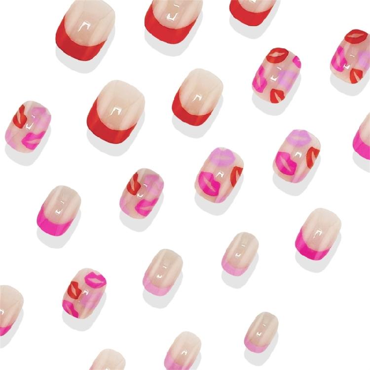 Press On Nail Short Almond Fake Nail French Full Cover Acrylic False Nail Valentine Design Fake Nail for Women and Girls