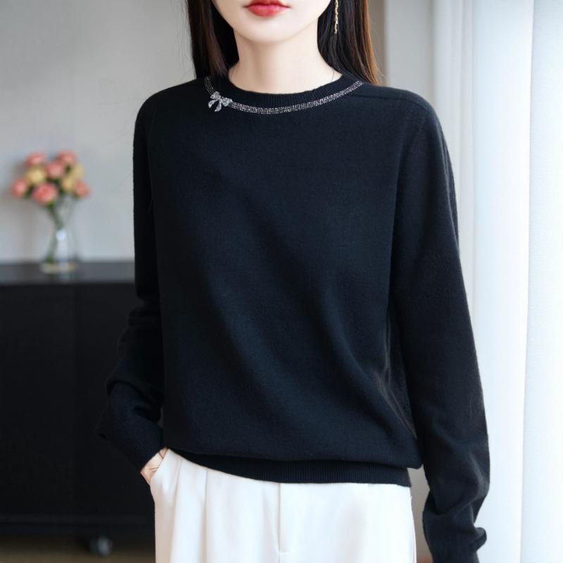 Pulover de damă toamnă-iarnă nou, argyle din catifea, cu gât rotund, mâneci lungi, fundă cu strasuri, tricot lejer, strat de bază