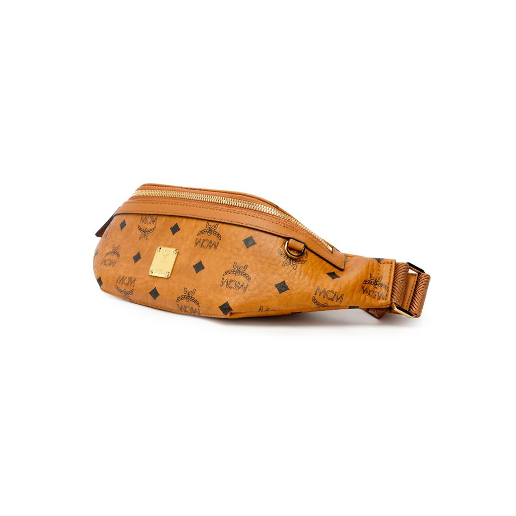 MCM Cognac Visetos Monogram Leather Belt Bag with Adjustable Strap & Gold Hardware for Daily & Street Style Use
