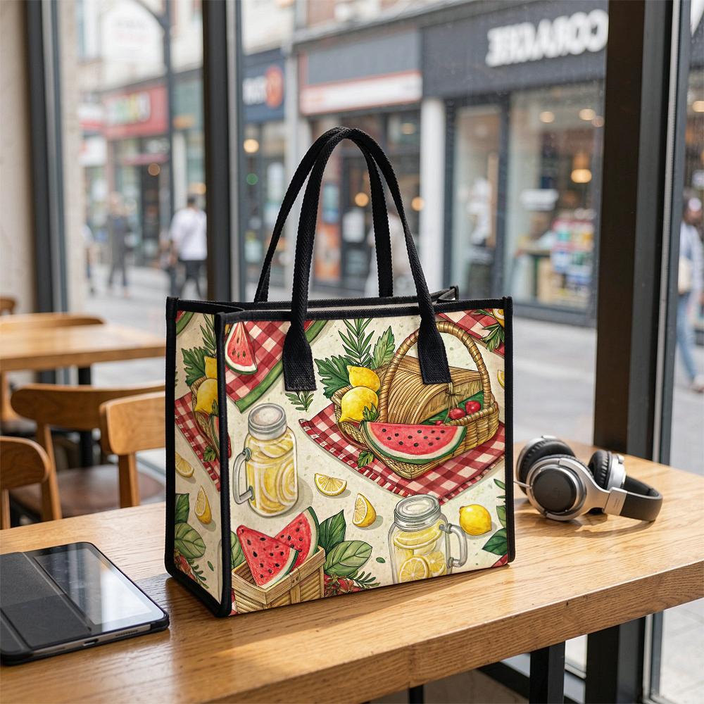 Summer Picnic Pattern Tote Bag Casual Daily Handbag Lightweight Shopping Carry Pouch for Outdoor